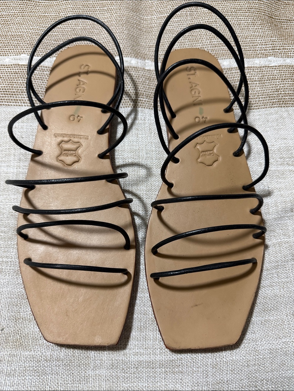 St. Agni Black Strappy Leather Flat Sandals - Women’s